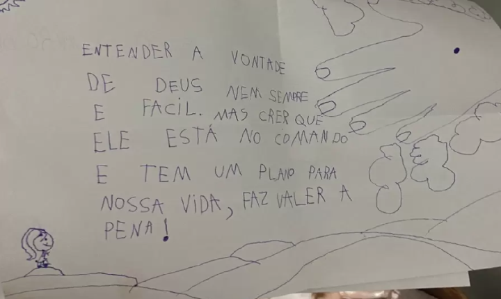 Família se emocionam com desenho e frase deixada pela pequena Alice que morreu em Paraíso das Águas